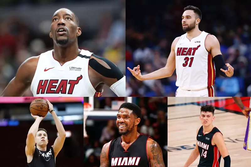 Image: Clockwise from top left: Bam Adebayo, Max Strus, Tyler Herro, Udonis Haslem, and Duncan Robinson