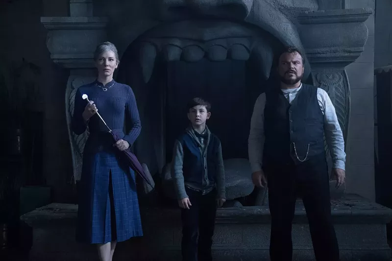 Image: The cast of Eli Roth's The House With a Clock in Its Walls includes (from left): Cate Blanchett as a witch; Owen Vaccaro as Lewis, a recently orphaned fourth-grader; and Jack Black as Jonathan, the child's irresponsible stage magician uncle.