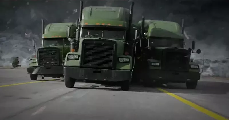 Image: An elaborate truck chase is only one of the many entertaining elements that fills The Hurricane Heist, director Rob Cohen's ideal dumb-fun concept of a movie that sometimes feels like a clearinghouse for '90s action-movie clichés.