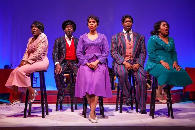 Image: Deana Butler-Rahming (left), Vlad Dorson, Paulette Dozier, Don Seward, and Asher Makeba sing the haunting “Black and Blue” in the M Ensemble’s Ain’t Misbehavin’.