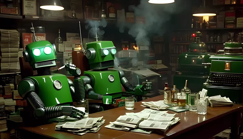 Image: A pair of robo-reporters surrounded by newspapers, booze, and cigarettes reflect solemnly on their life choices