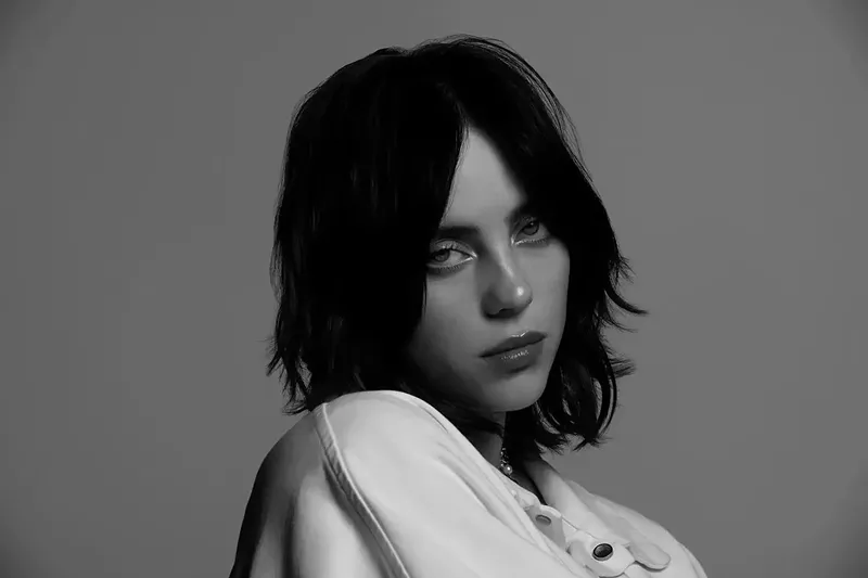 Image: Black and white portrait of Billie Eilish.