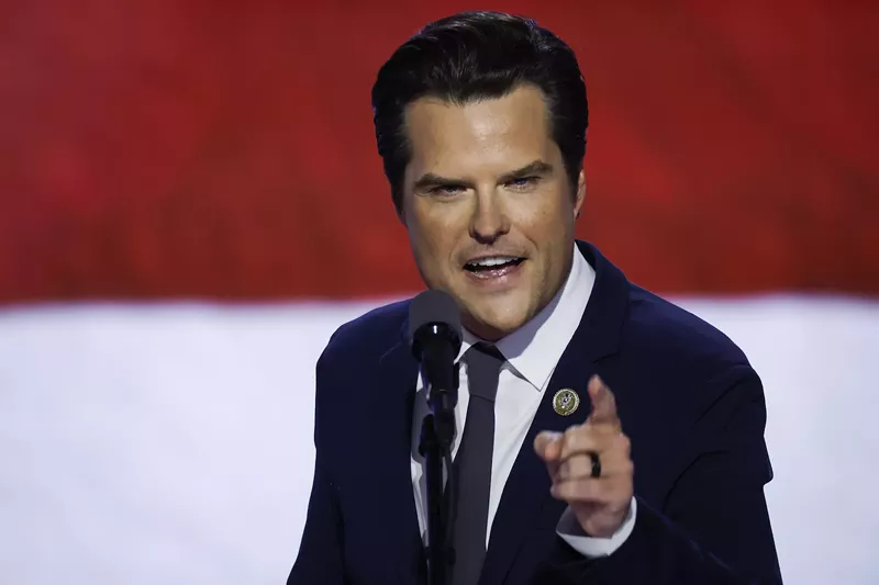 Image: U.S. Rep. Matt Gaetz (R-FL), onstage at the 2024 RNC, wearing a suit, pointing at the crowd with his left index finger as if making a profound point, and sporting a bizarrely unnatural visage that small children and impressionable adults might find disturbing.