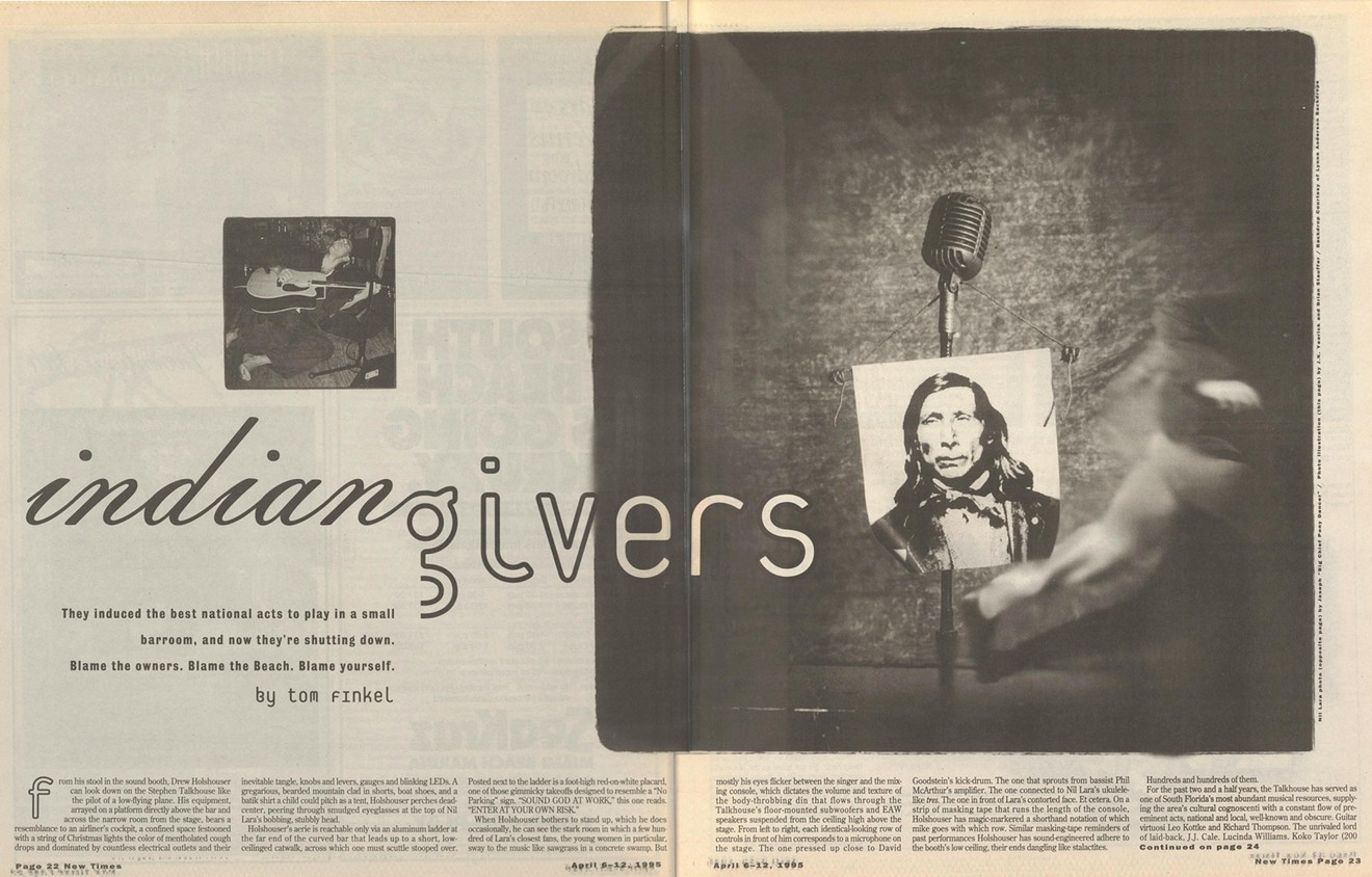 The feature spread from the April 6, 1995, print edition of Miami New Times, featuring an archival photo of Stephen Taukus "Talkhouse" Pharaoh, a 19th-century member of the Montaukett Indian Tribe