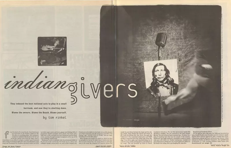 Image: Reproduction of a tabloid newspaper feature spread, showing a blurred shadowy figure hurrying away from an old-style stand microphone from which hangs an archival photo of a Native American