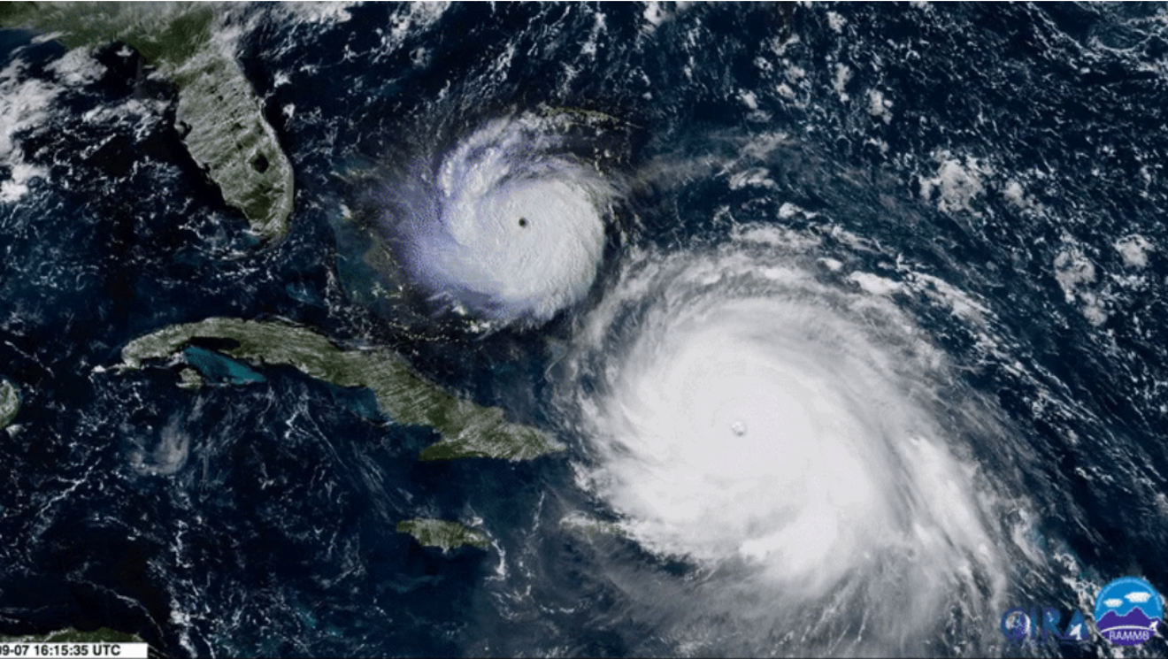 Hurricane Andrew (left) compared to the monster Hurricane Irma.