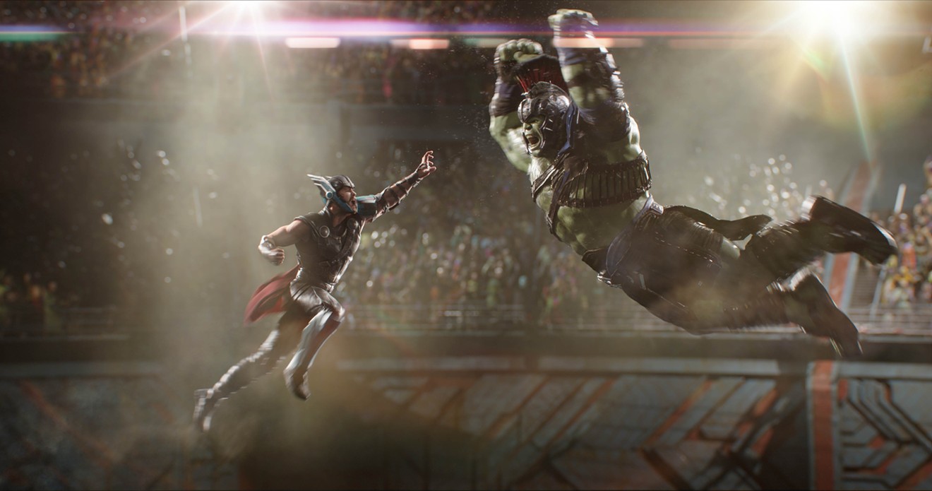 Deprived of his all-powerful hammer, Thor (Chris Hemsworth, left) is forced into gladiatorial combat against his old friend the Hulk (Mark Ruffalo) in Marvel's Thor: Ragnarok.
