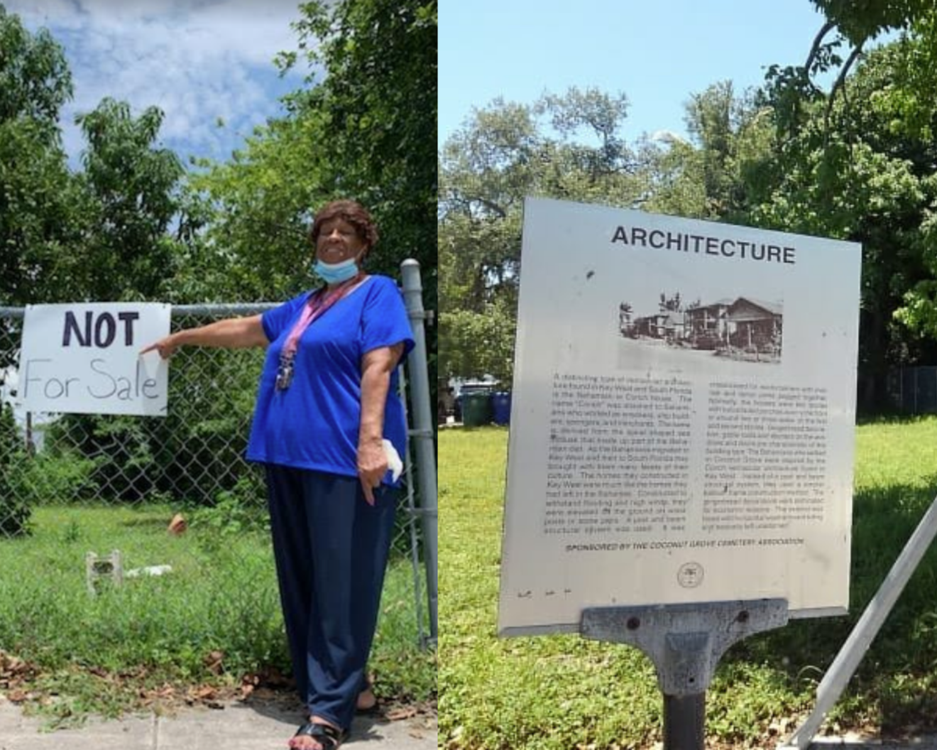 Left: Shirley Gibson stands beside her property on Charles Avenue. Right: A plaque at Gibson's property in historically Bahamian Coconut Grove.
