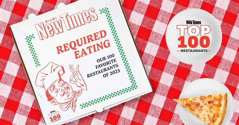 Image: photo-illustration of a pizza box featuring the Miami New Times logo and an image of a stereotypical mustachioed, toqued chef; also a slice of pizza on a paper plate, all against a red-checkered tablecloth background