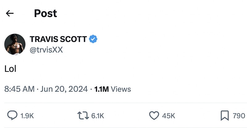 Rapper Travis Scott had a succinct response to his overnight arrest in Miami.