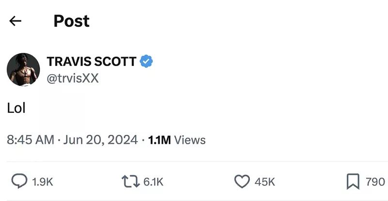 Image: Travis Scott tweets "Lol"