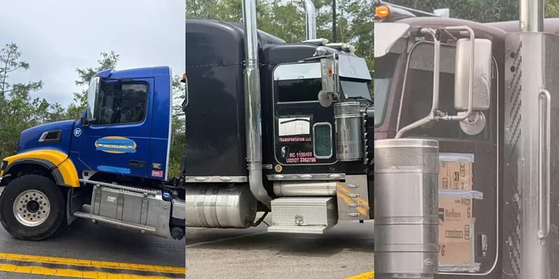 Image: Three photos of trucks with their logos covered up