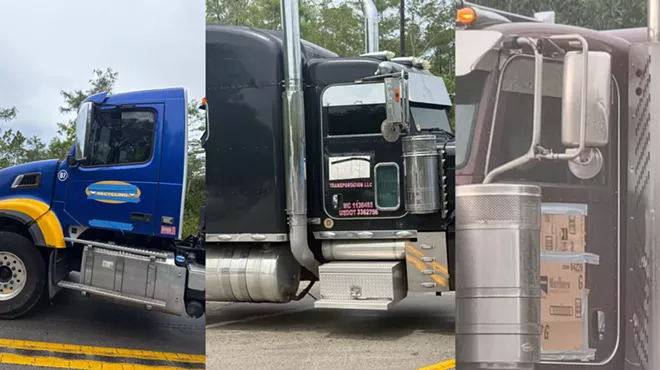 Three photos of trucks with their logos covered up