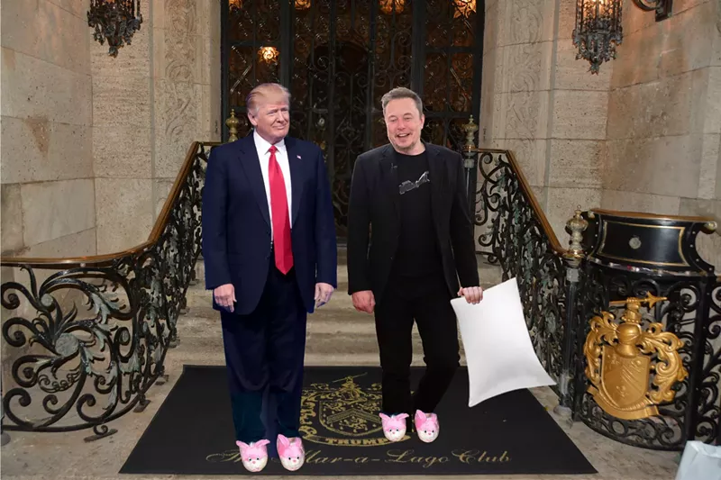 Image: Elon Musk and Donald Trump wearing fuzzy slippers in front of Mar-a-Lago. Musk is holding a pillow in his left hand.