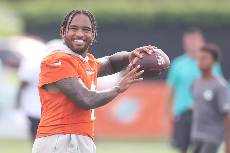 Image: Tua Tagovailoa #1 of the Miami Dolphins practices at Baptist Health Training Complex on July 28, 2025 in Miami Gardens, Florida