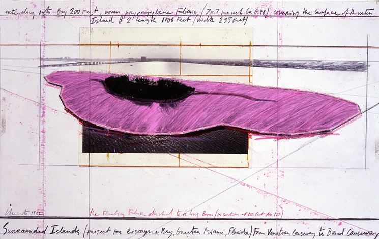 Many of Christo's original renderings of the project, drawn atop aerial photographs of Biscayne Bay, will be on display. - PHOTO BY  EEVA-INKERI