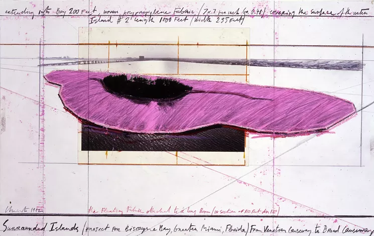 Many of Christo's original renderings of the project, drawn atop aerial photographs of Biscayne Bay, will be on display. - PHOTO BY EEVA-INKERI