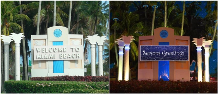 1) The Miami Beach entrance sign currently 2) and as proposed - PHOTOS BY JIMMY EMERSON VIA FLICKRCC, CITY OF MIAMI BEACH