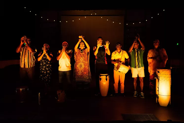 Youse Cardozo (left), Nereida Machado, Oscar Ruíz, Betsayda Machado, Asterio Betancourt, Adrián Gómez, José Gregorio Gómez, and Blanca Castillo in Viva la Parranda!. - PHOTO BY XAVIER LUJAN