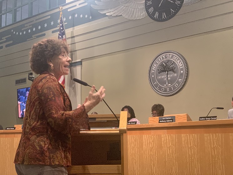 Longtime Florida ACLU lawyer Jeanne Baker speaks in front of the Miami Community Advisory Board. - JERRY IANNELLI