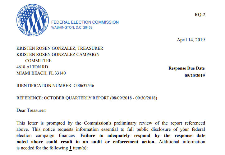 A portion of the four-page letter the FEC sent to the Rosen Gonzalez campaign. - FEDERAL ELECTION COMMISSION