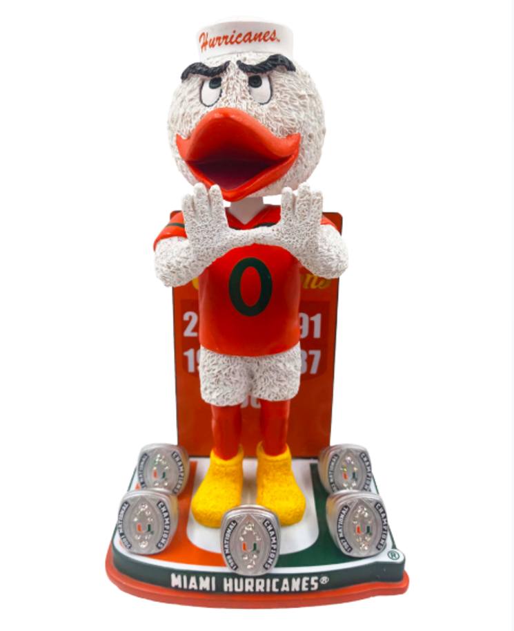 The $40 bobblehead depicts Sebastian the Ibis with UM's five championship rings. - NATIONAL BOBBLEHEAD HALL OF FAME AND MUSEUM