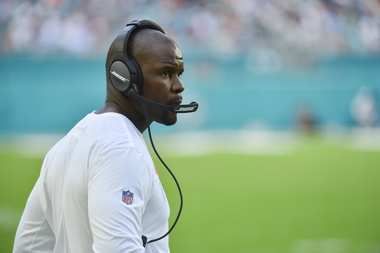 Brian Flores on the sidelines at Hard Rock Stadium earlier this year. - PHOTO BY ERIC ESPADA / GETTY IMAGES