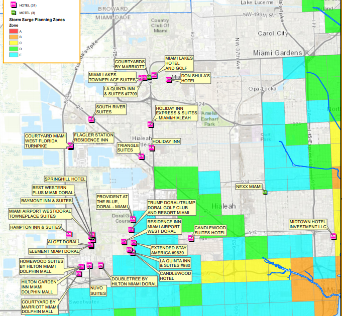 A map of hotels and motels outside of storm surge zones in Miami-Dade County that could potentially be used as hurricane shelters. - SCREENSHOT COURTESY OF MIAMI-DADE COUNTY