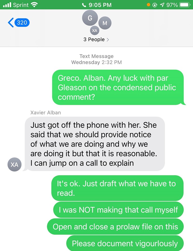 Text conversation between City Attorney Victoria Méndez and Assistant City Attorney Xavier Galbán. - SCREENSHOT COURTESY OF CITY OF MIAMI