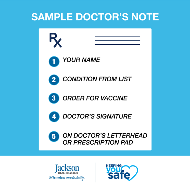 A sample doctor's note for medically vulnerable people 50 years and older who are eligible to receive the vaccine. - PHOTO COURTESY OF JACKSON HEALTH SYSTEM