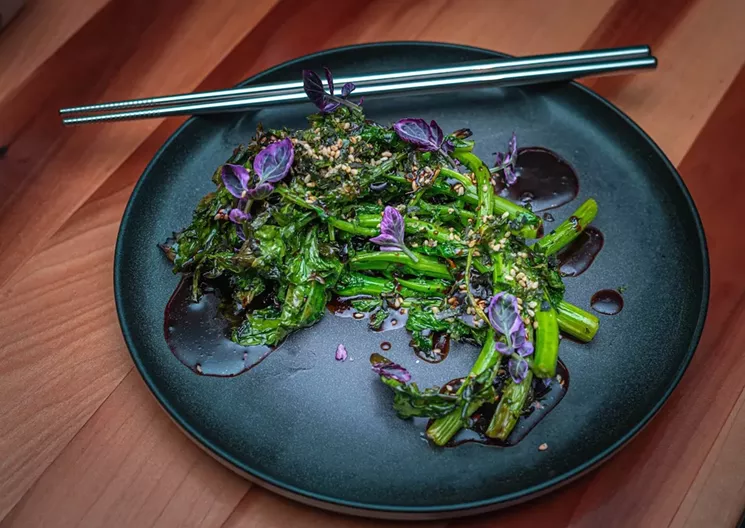 Charred broccoli rabe with a passionfruit tonkatsu sauce and furikake. - PHOTO BY JONATHAN DUARTE