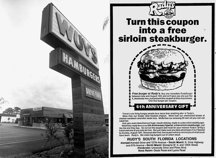 A Wuv's drive-thru in Manatee County (left) and a 1990 Rudy's Sirloin SteakBurgers ad from the pages of the Boca Raton News. - MANATEE COUNTY PUBLIC LIBRARY SYSTEM / BURGER BEAST