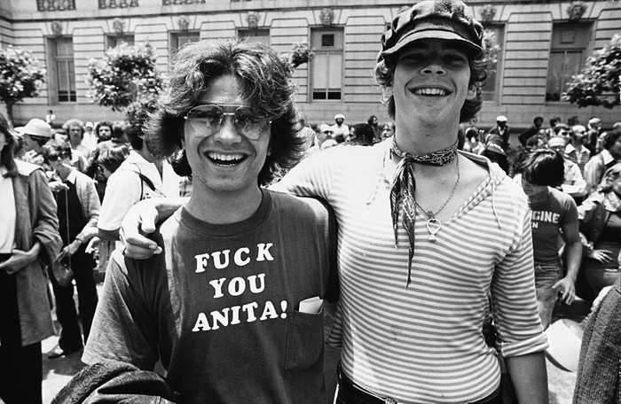 Men at the 1977 San Francisco Gay Pride, then known as Gay Freedom Day. - PHOTO BY ARCHIVE PHOTOS/GETTY IMAGES