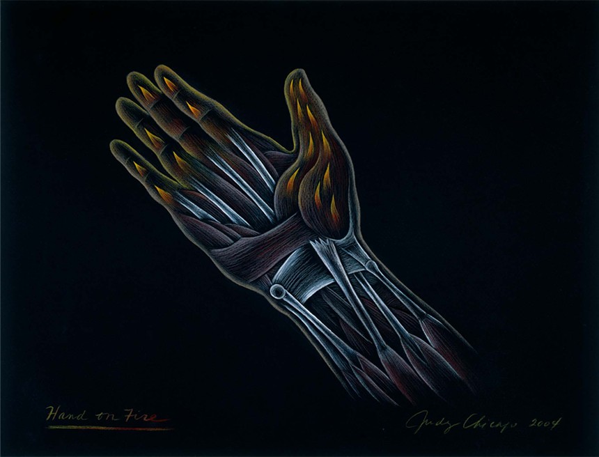 Hand on Fire (2004), Prismacolor on black arches, by Judy Chicago - PHOTO COURTESY OF NINA JOHNSON GALLERY