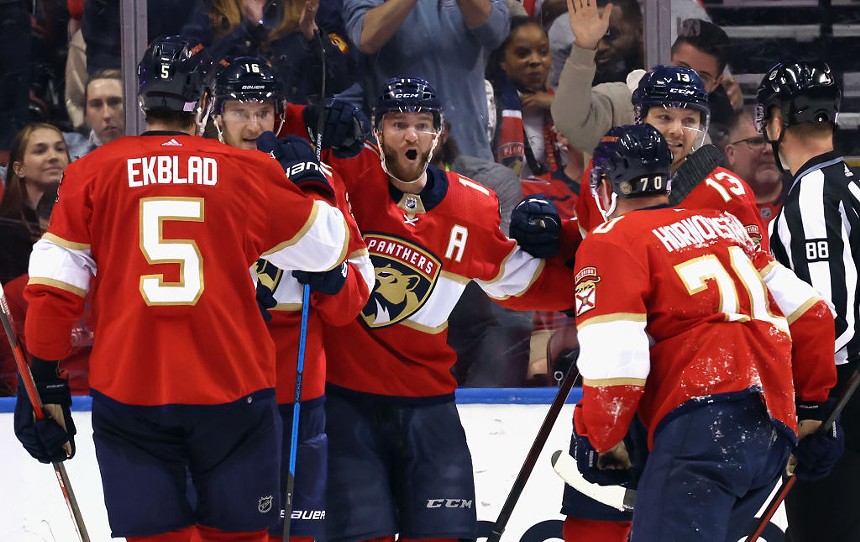 The Florida Panthers celebrate a goal against the Washington Capitals on November 4 at FLA Live Arena in Sunrise, Florida. - PHOTO BY BRUCE BENNETT/GETTY IMAGES