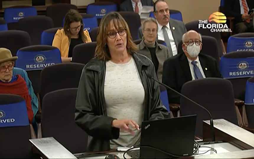 Kim White speaks at the Florida Senate Committee on Criminal Justice's January 18 meeting about her son's difficulty getting a COVID-19 booster shot in prison. - SCREENSHOT VIA THE FLORIDA CHANNEL