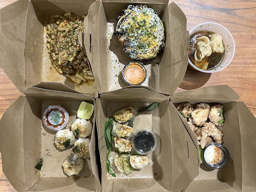It may not look as pretty as it does when you dine there — where the dumplings are plated beautifully — but takeout from Zitz Sum is something else, transcending the category. - PHOTO BY JEN KARETNICK