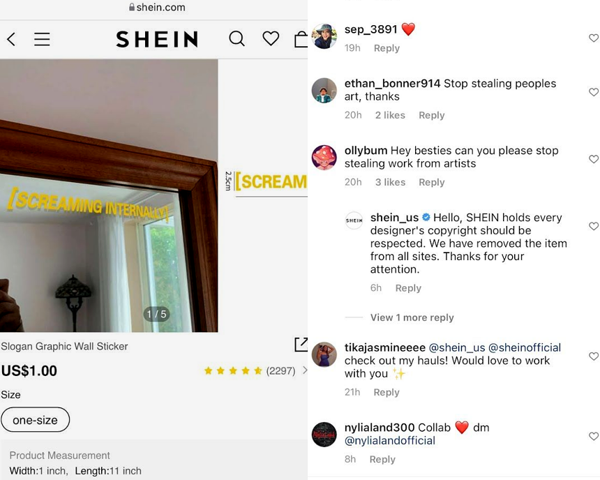 Left: The online storefront Shein was selling a sticker design identical to Brito's for $1. - Right: Shein's official Instagram page responded to a commenter, saying it had taken down the product. - SCREENSHOTS COURTESY OF DANNY BRITO