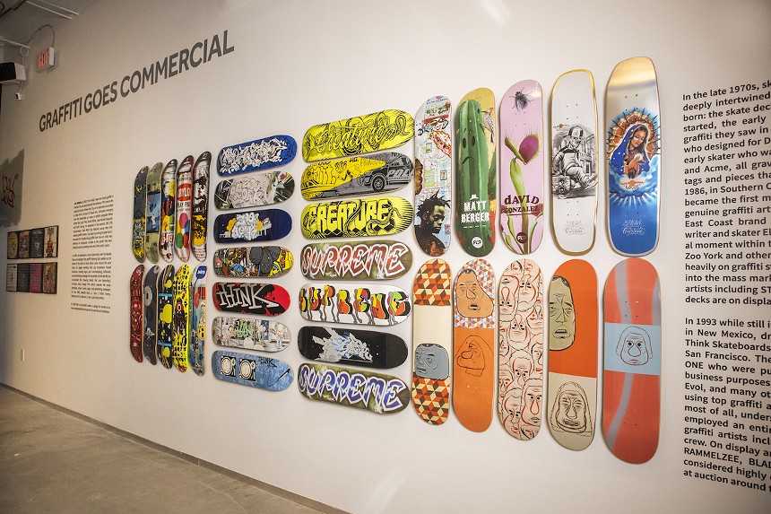 Album covers, skateboards, and other installations put the breadth of street artists' work in perspective. - PHOTO COURTESY OF THE MUSEUM OF GRAFFITI