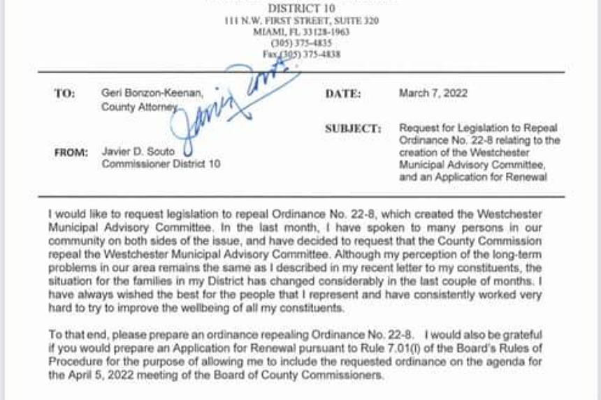 A memo from Miami-Dade County Commissioner Javier Souto requesting a repeal of his ordinance that created a Municipal Advisory Committee to study the incorporation of Westchester into a city. - SCREENSHOT VIA SAVE WESTCHESTER — NO NEW TAXES!
