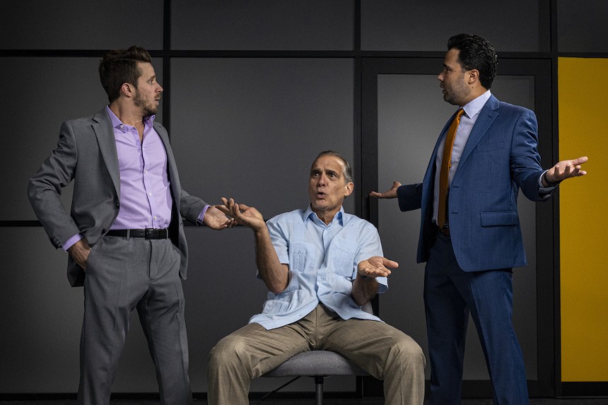 The characters played, from left, by Kristian Bikic, Jonathan Nichols-Navarro, and Andhy Mendez talk Miami politics in The Cuban Vote. - PHOTO BY RAFAEL GUILLÉN