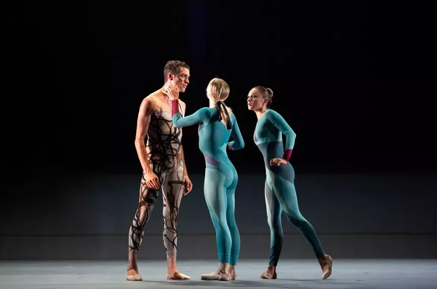 Miami City Ballet dancers Stephen Loch, Ellen Grocki, and Juliet Hay in Claudia Schreier’s world premiere of "The Source." - PHOTO BY ALEXANDER IZILIAEV