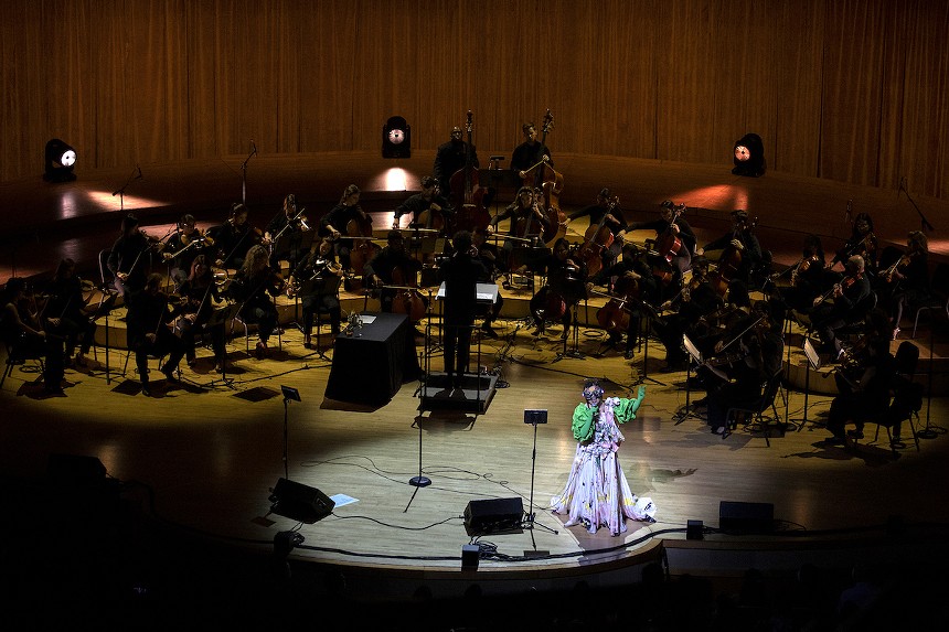 Björk performing on stage at the Adrienne Arsht Center