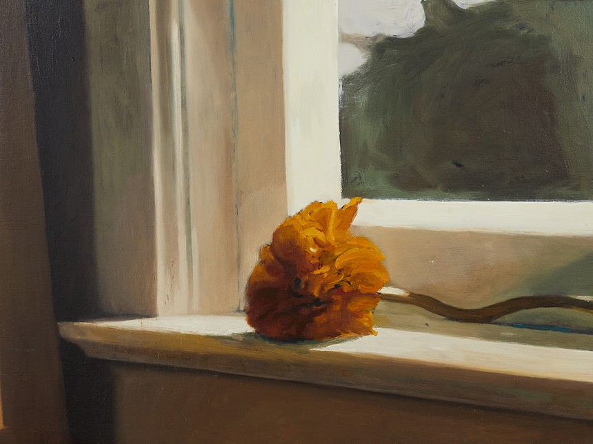 A painting by Reginald O'Neal of an orange flower on a window sill
