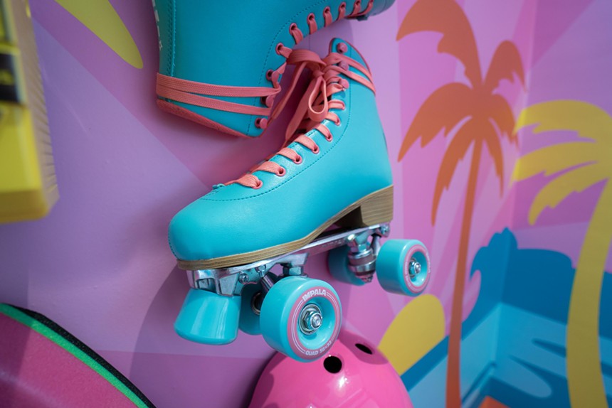 Teal roller skates offered at the Malibu Barbie Cafe Pop-Up.
