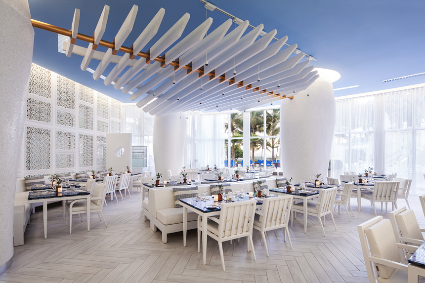 The outdoor, blue sky dining area