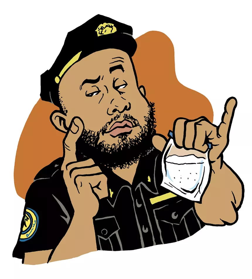 Color caricature of Frenel Cenat holding a baggie containing suspicious-looking white powder