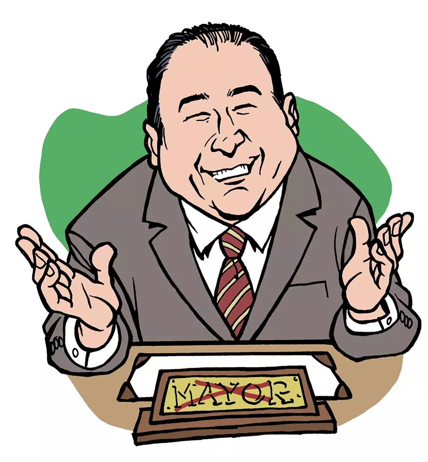 Color caricature of Anthony DeFillipo in the classic "What, Me Worry?" MAD magazine pose