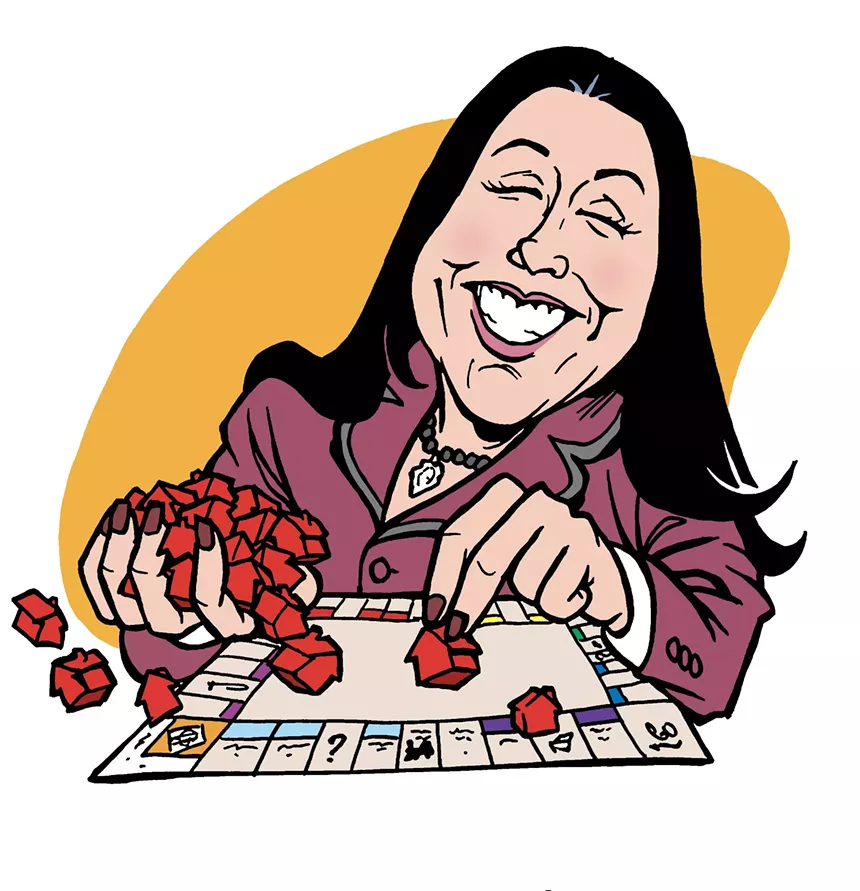 Color caricature of Miami City Attorney Victoria "Vicky" Méndez, playing with red "hotels" on a Monopoly board
