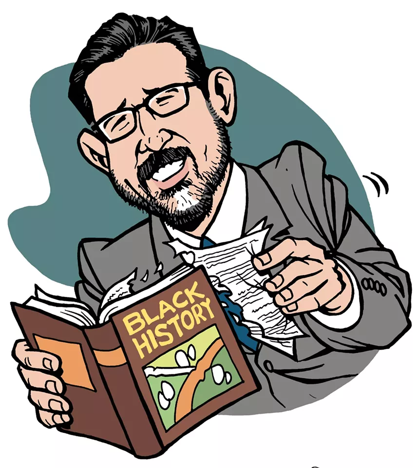 Color caricature of Manny Diaz Jr. ripping pages out of a Black history textbook